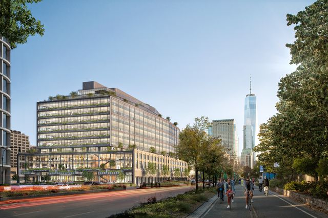 A rendering of the 12-story new Google offices as seen from the West Side Highway looking south.